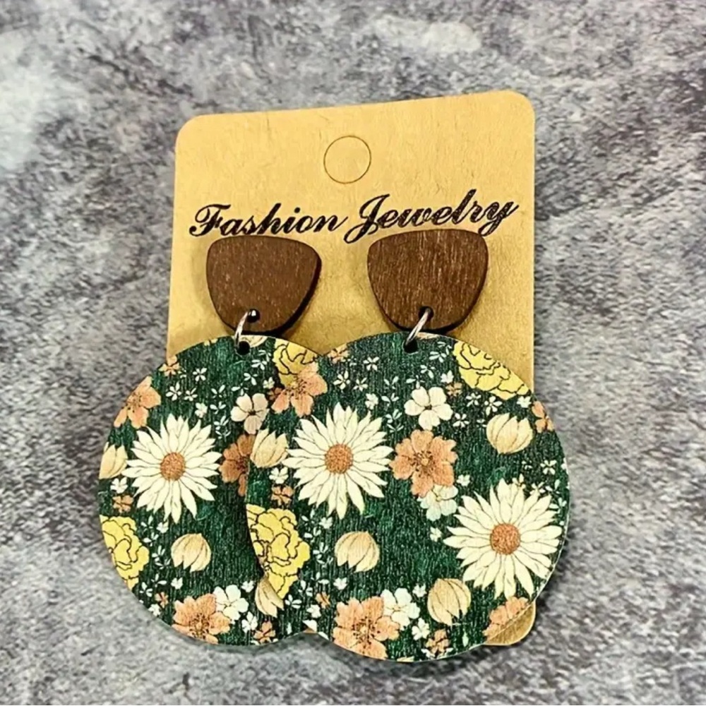 Green and Brown Floral Disc Earrings